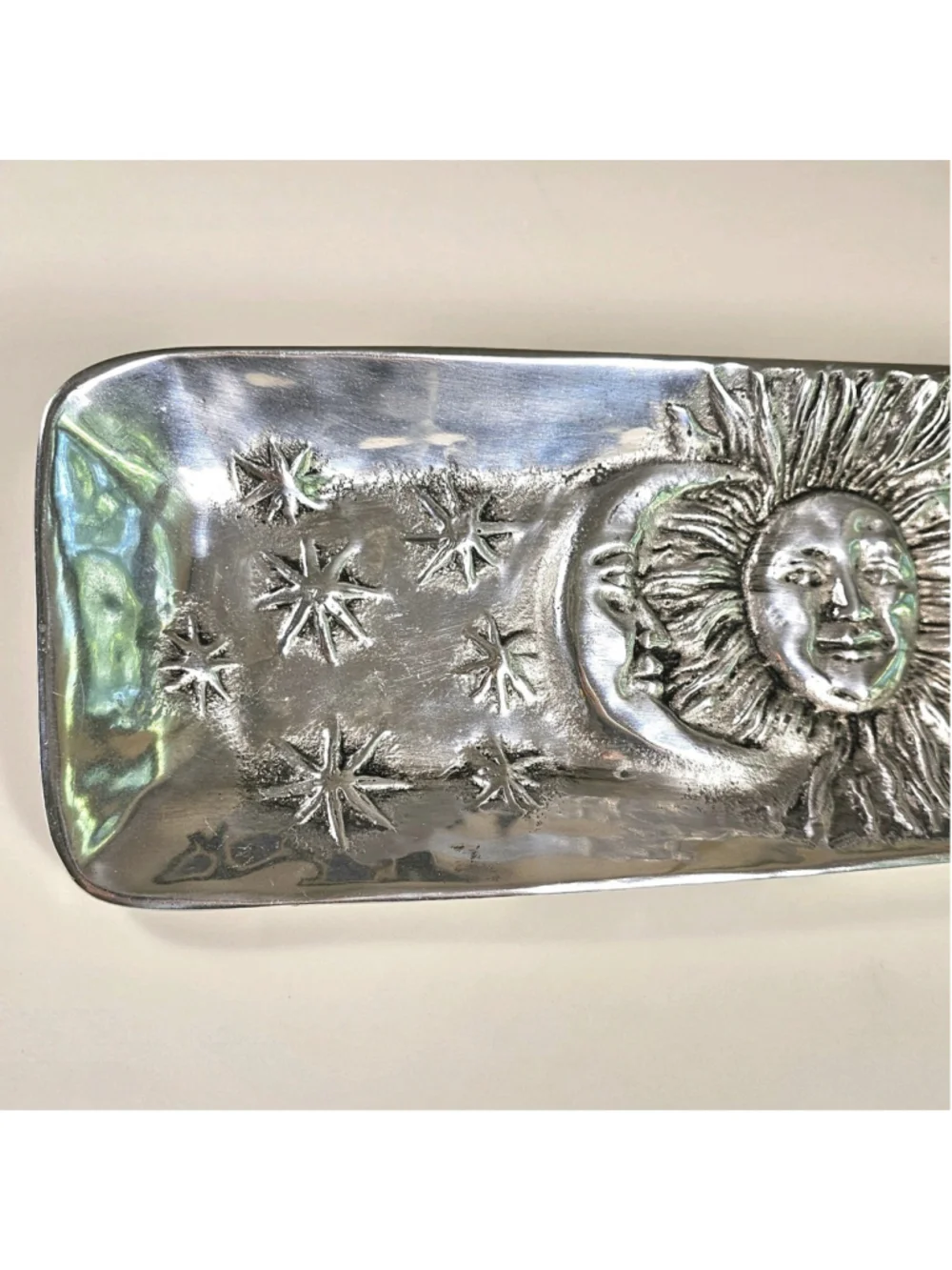 Vintage 90s Silver Metal Celestial Cracker Tray Sun Moon Stars 16.5